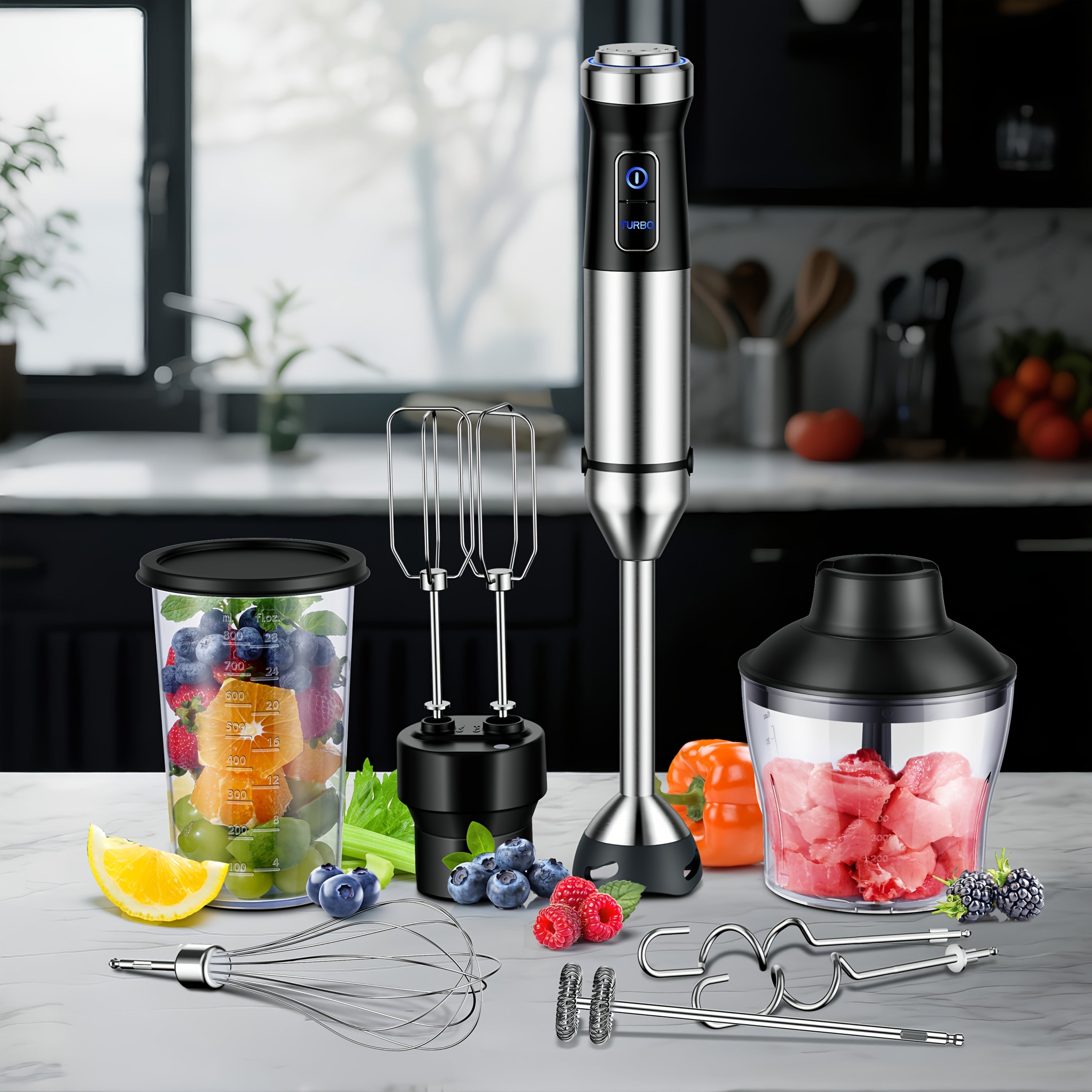 Immersion Blender Handheld 6-in-1 & 7-in-1 1000W 20-Speed Turbo ¨C Titanium Blades BPA-Free with Dough Hooks Egg Beater Whisk Beaker & Chopper | Scratch-Resistant Hand Blender Kitchen Appliance