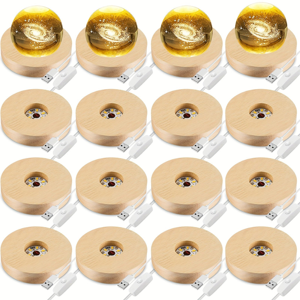 LED Light Base Wooden Display Stand 16 Pack USB Powered Warm White Light Base for 3D Crystal Glass Resin Art Trophy Figurine Night Light Display Pedestal Party Favor Gift Wood Color