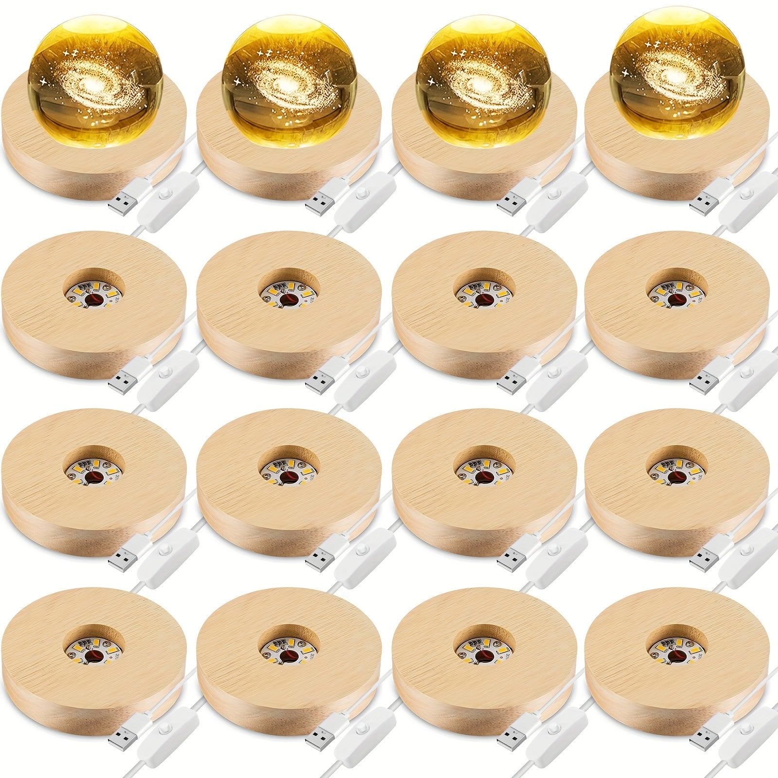 LED Light Base Wooden Display Stand 16 Pack USB Powered Warm White Light Base for 3D Crystal Glass Resin Art Trophy Figurine Night Light Display Pedestal Party Favor Gift Wood Color
