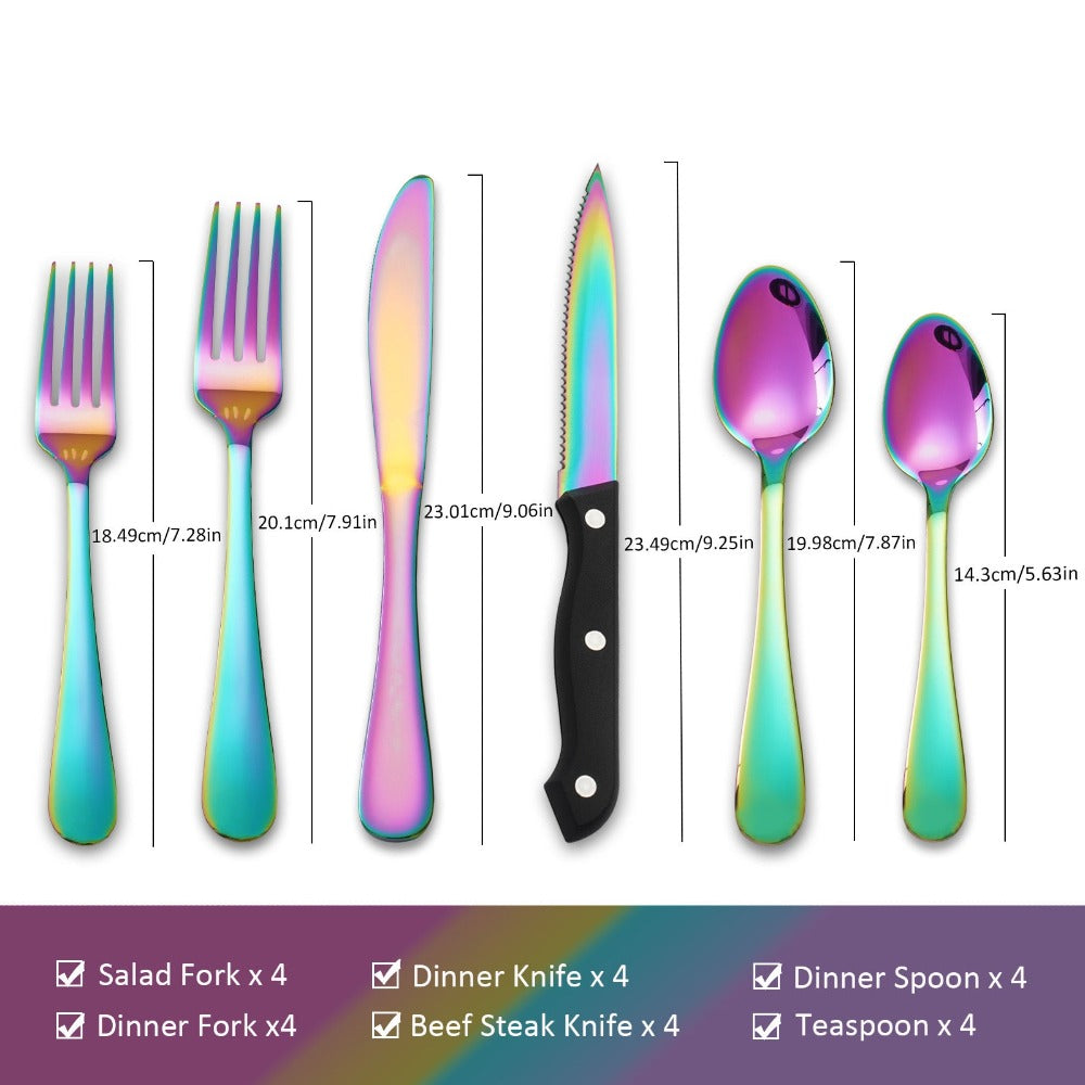 24pcs Stainless Steel Flatware Set for 4 - Rainbow Mirror Polished Silverware Set with Steak Knives, Modern Cutlery Set for Home Kitchen Dining Table Celebrations Wedding