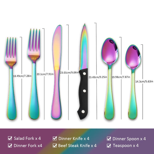 24pcs Stainless Steel Flatware Set for 4 - Rainbow Mirror Polished Silverware Set with Steak Knives, Modern Cutlery Set for Home Kitchen Dining Table Celebrations Wedding