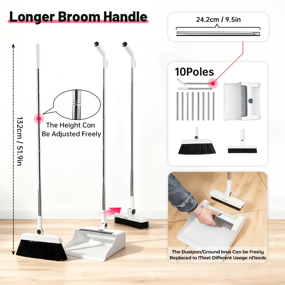 Broom and Dustpan Set 3-in-1 with Wiper - Non-Stick Hair Sweeper Household Floor Broom Combo for Indoor Outdoor Use - Ergonomic Handle Dustpan Broom Kit for Home Kitchen Office - White Pink Gray