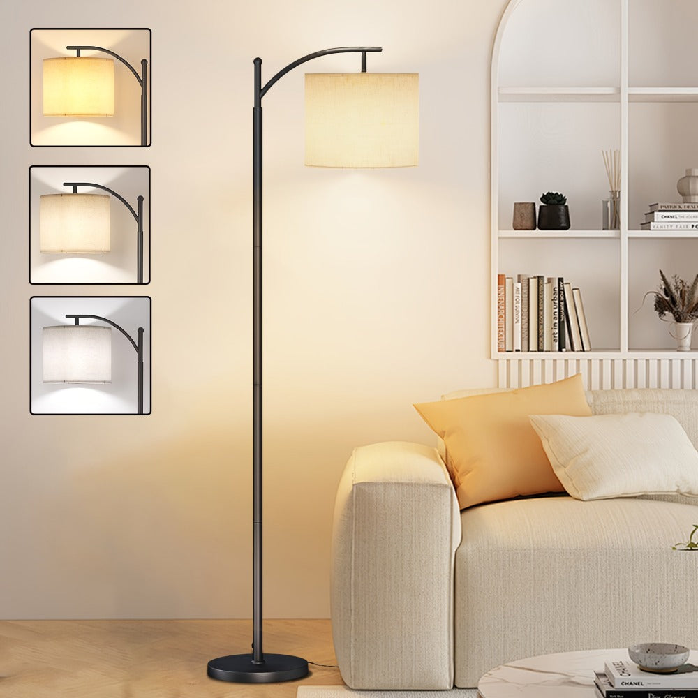 Floor Lamp for Living Room - Industrial Standing Lamp with 3 Color Temperatures, 9W LED Bulb & Beige Lampshade Included, Tall Reading Floor Lamp for Bedroom Office, Black
