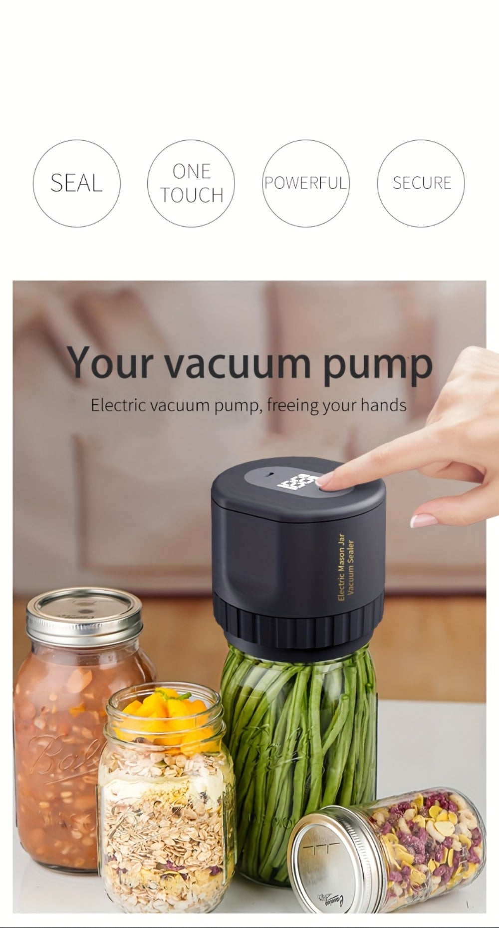 Electric Mason Jar Vacuum Sealer Kit with Sealing Lids Wide Mouth Regular Mouth Compatible Automatic Food Preservation Vacuum Sealing System