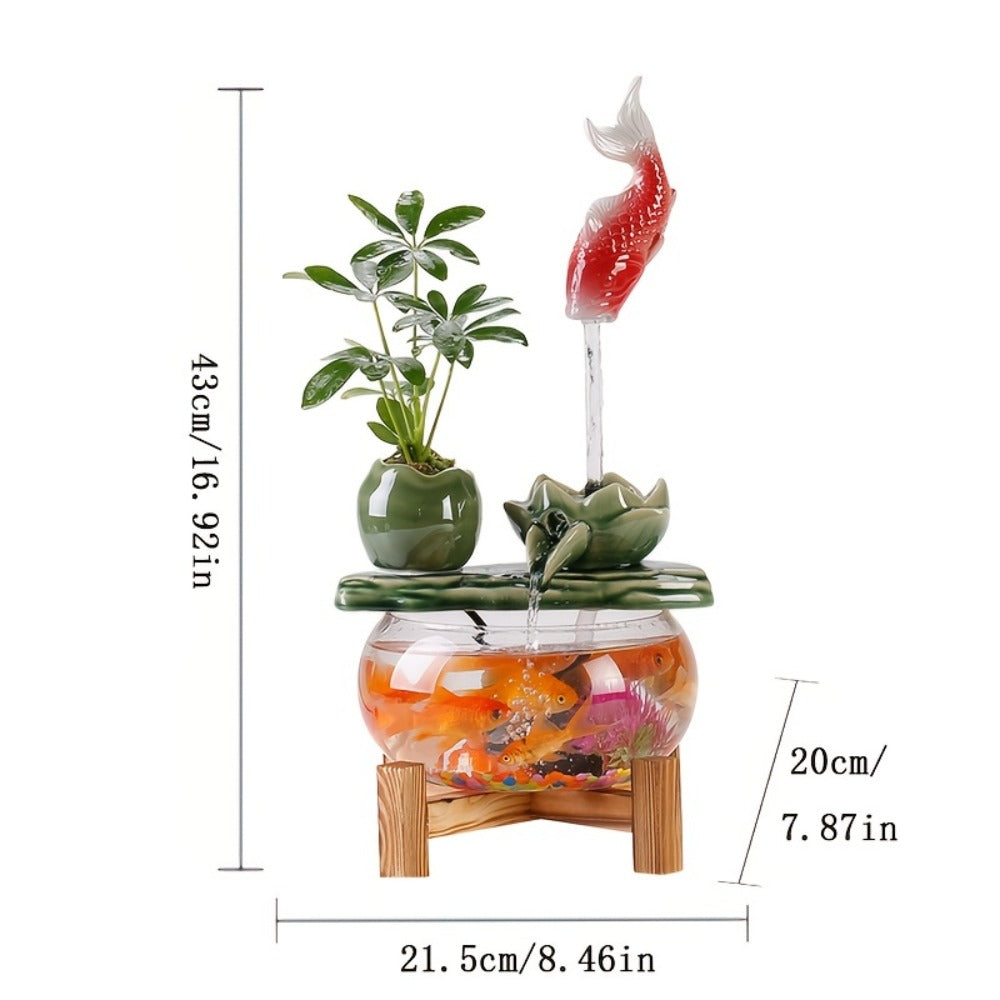 USB Desktop Fish Waterfall Fountain with Glass Bowl ¨C Relaxing Indoor Water Feature Tabletop Decor Zen Fountain Gift