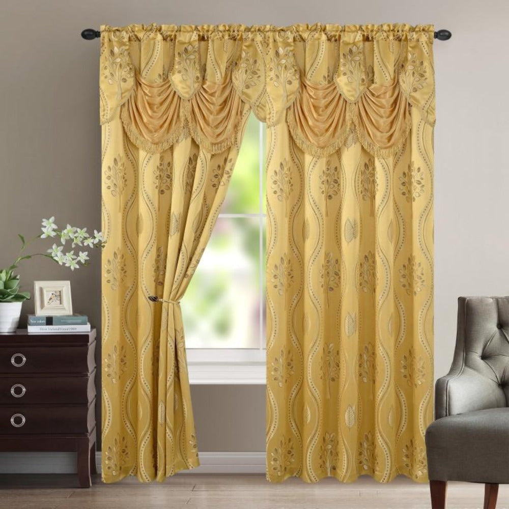 Blackout Curtains 2 Panels 54x84 Inch | Jacquard Room Darkening Rod Pocket Curtain Set with Attached Waterfall Valance | Machine Washable Window Drapes for Living Room Bedroom Home Office Study