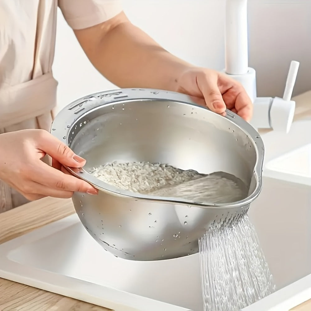 Stainless Steel Kitchen Colander with Handle - Multipurpose Rice Strainer Mesh Basket for Washing Rice, Fruit, Vegetables, Food-Safe Durable Water Drainer