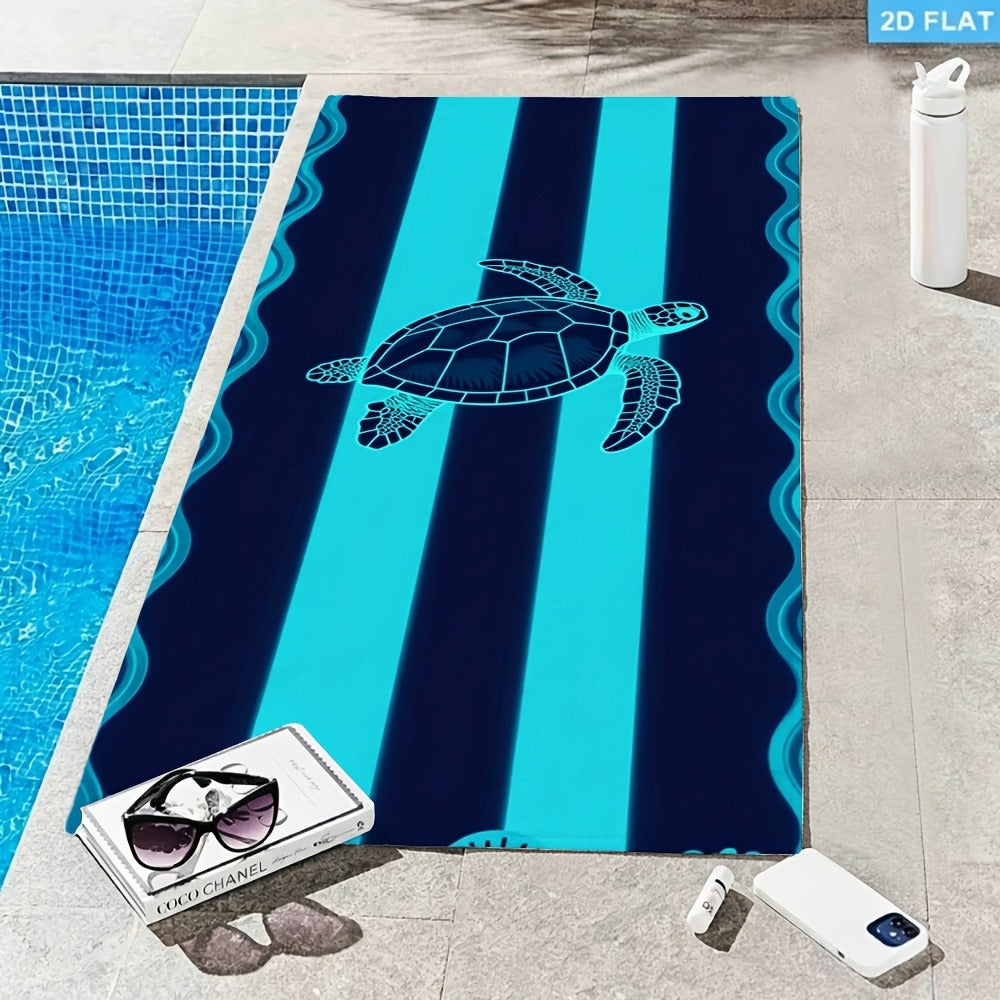 Sea Turtle Beach Towel, Blue Striped Nautical Print, Soft Absorbent Microfiber, Stylized Wave Pattern, Ideal for Beach Trips, Pool Days & Summer Vacations, Lightweight Coastal Design