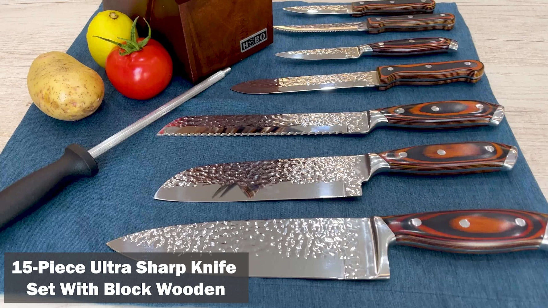 Kitchen Knife Set 15 Piece ¨C Chef Knife Block Set with Self-Sharpening Wooden Block, Steak Knives & Hammered Stainless Steel Blades, Perfect Gift for Home Cooks & Men
