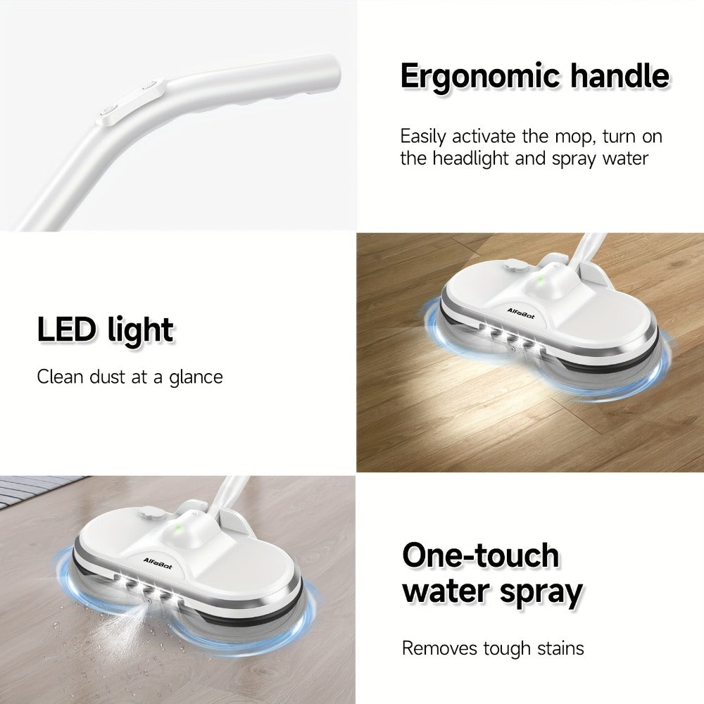 Cordless Electric Spin Mop Floor Cleaner with LED Headlight & Water Spray Tank ¨C Powerful Wireless Spinning Mop for Hardwood & Tile Floors, Quiet Motor, Self-Cleaning & Waxing Function (White)