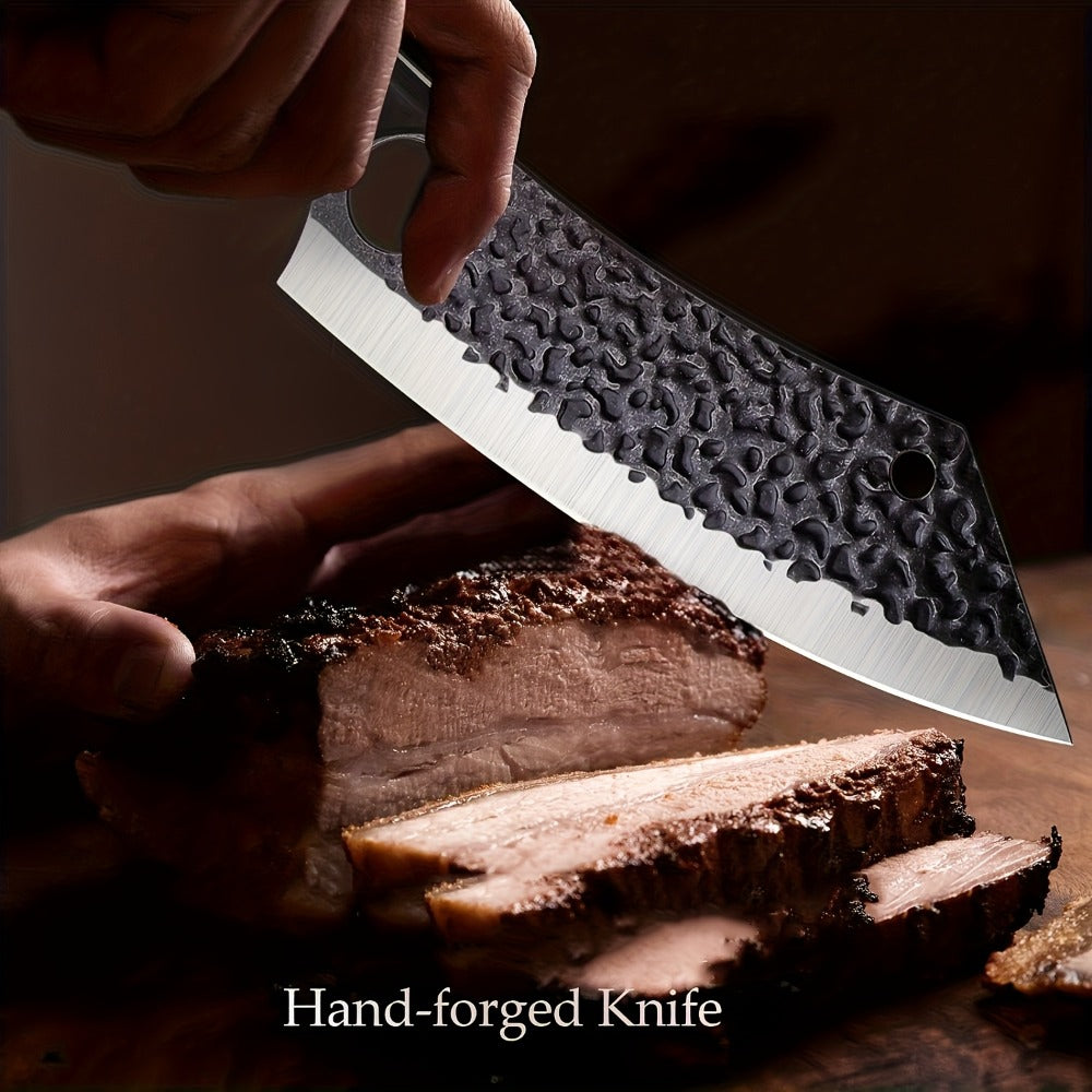 Butcher Knife 8 Inch Hand Forged High Carbon Steel Cleaver ¨C Meat & Vegetable Chopping Knife with Finger Hole, Wooden Handle