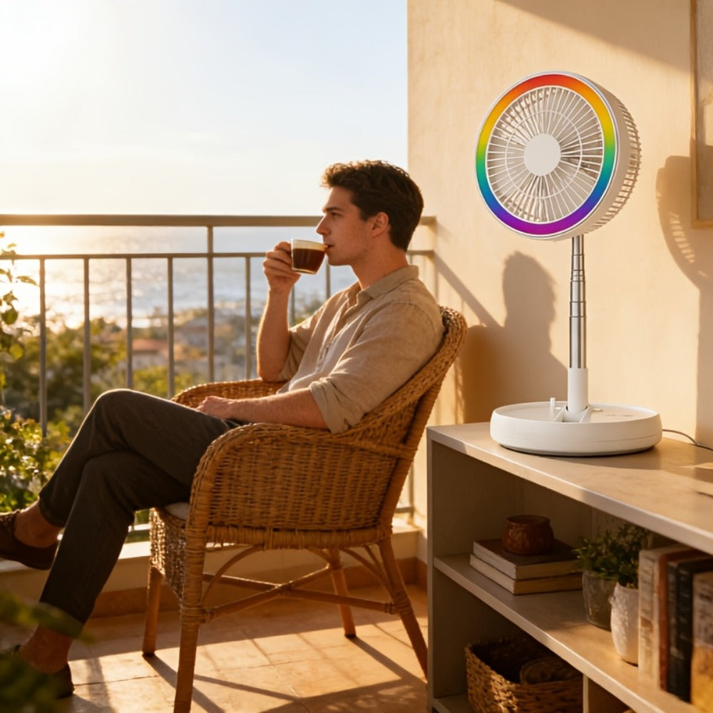 Portable Fan Foldable USB Rechargeable 3600mAh | 4-Speed Remote Control Tower Fan with 7-Color Ambient LED Light Low Noise | Expandable Cordless Fan for Office Bedroom Travel Camping Dorm | Pink White