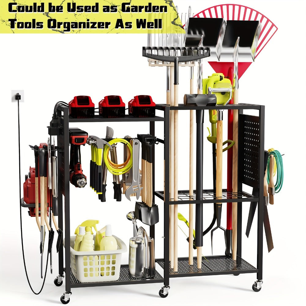 Mobile Tool Cart with Charging Station ¨C 12 Drill Holders & 5 Storage Shelves Power Tool Organizer | Rolling Utility Rack Toolbox with Battery Charging Power Strip for Garage & Workshop | 4 Colors