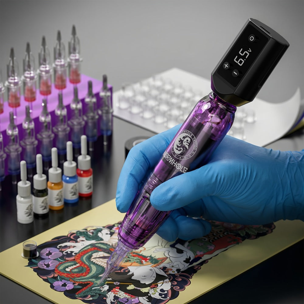 WORMHOLE Professional Wireless Tattoo Pen Kit ¨C All-in-One Beginner & Artist Set with 8000RPM Quiet Motor, 1200mAh Battery, Digital Display, Cartridge Needles, Inks & Practice Skin