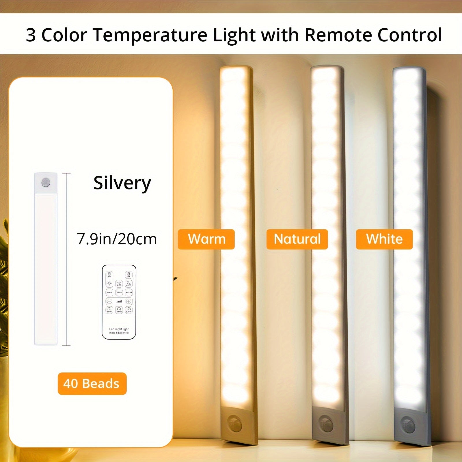 Motion Sensor Cabinet Light LED Under Cabinet Lights USB Rechargeable 3 Color Dimmable with Remote Control Magnetic Wireless Night Light for Kitchen Closet Wardrobe Cupboard Stairs Shelf 2 Pack