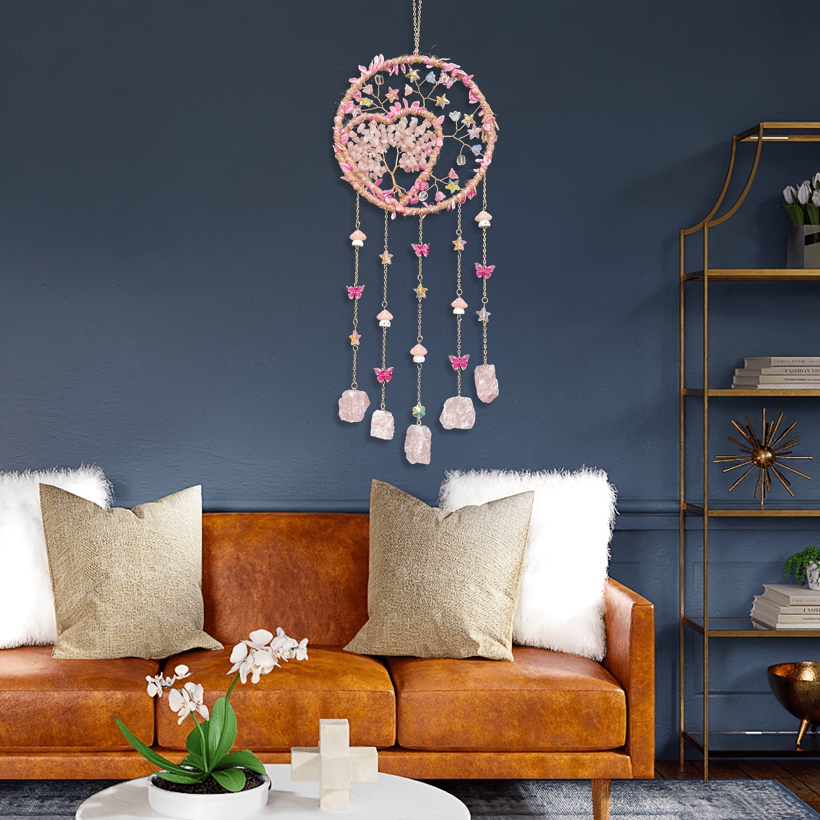 Boho Crystal Wall Hanging Decor ¨C Handmade Stone Bead Wind Chime with Colorful Gemstone Heart & Circular Crystal Pendant for Bedroom Living Room Christmas Mother's Day Thanksgiving Gift (Purple/Pink/Green)
