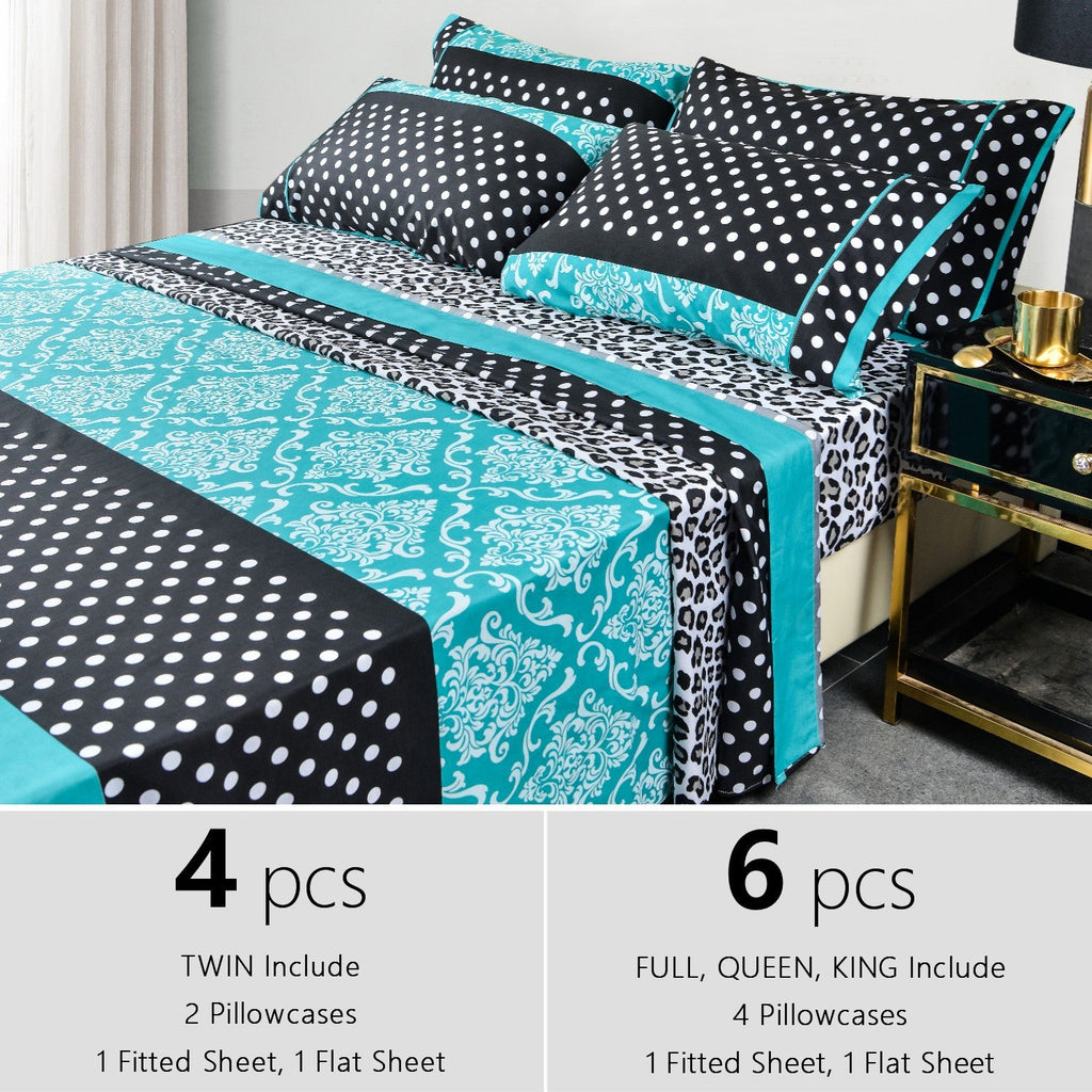 Microfiber Bed Sheet Set 4/6 Pcs ¨C Soft Breathable Patchwork Printed Bedding with Deep Pocket Fitted Sheet, Wrinkle-Resistant Easy Care ¨C Twin, Full, Queen, King Sizes Available