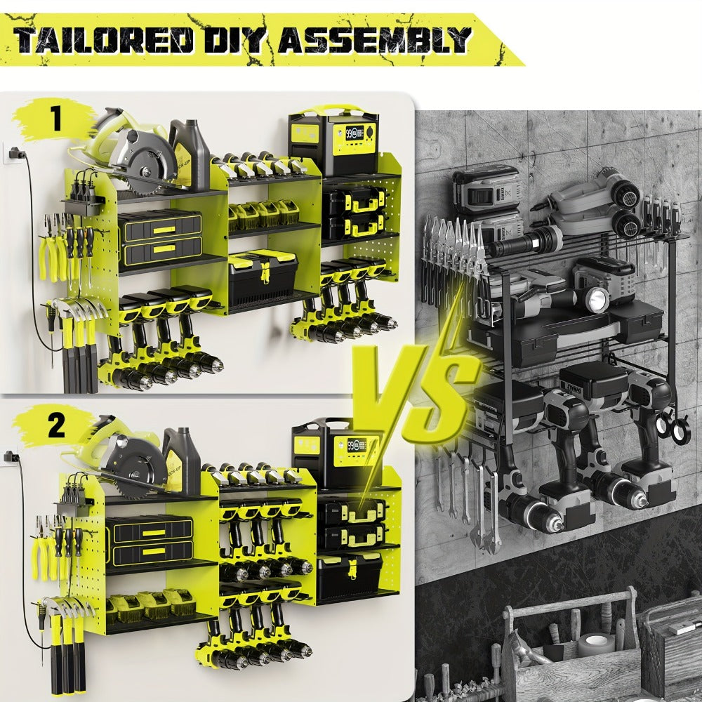 Power Tool Organizer Wall Mount with Charging Station | 3-Layer Cordless Drill Holder Storage Rack 45.5 Inch Heavy Duty ¨C Adjustable Garage Tool Shelf for Workshop & Tool Room