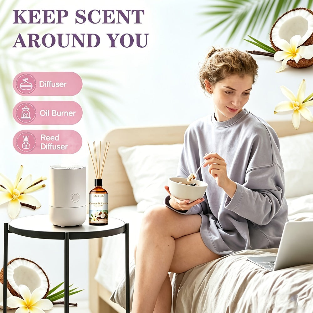 Fragrance Oil for Diffuser - PHATOIL 100ml Coconut & Vanilla Scented Oil for Humidifier, Candle Making, Soap, Aromatherapy, Reed Diffuser, Home & Office Air Freshener, Long Lasting Scent