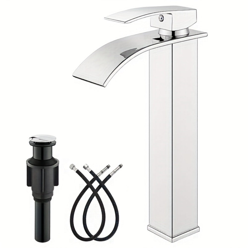 Waterfall Bathroom Faucet Single Handle - Modern Sink Faucet with Valve, Chrome & Matte Black & Brushed Nickel & Brushed Gold Finish, 1 or 3-Hole Deck Mount, G9/16 Threads, Water Supply Lines Included