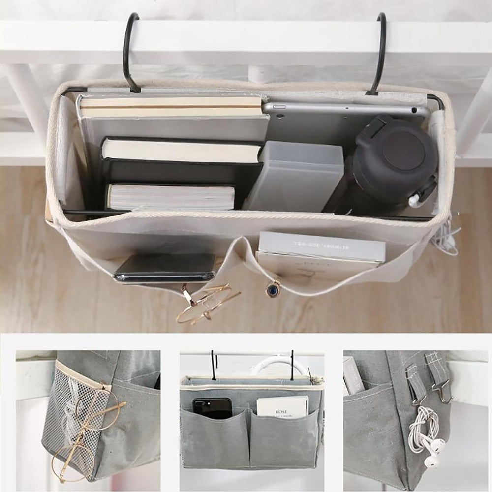 Bedside Hanging Organizer 2Pack Bed Rail Storage Bag - Bunk Bed Dorm Hospital Caddy for Books Magazines Phone Glasses Kettle Bedroom Shelf Basket Gray White