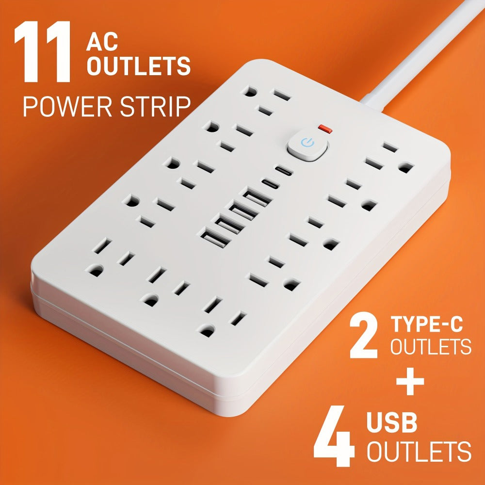 Surge Protector Power Strip 17-in-1 with 11 AC Outlets 4 USB-A 2 USB-C Ports Flat Plug Extension Cord Space-Saving Compact Design for Home Office Kitchen Desk Wall Charging Station