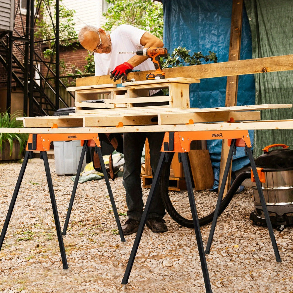 IRONMAX Folding Sawhorse 2 Pack Heavy Duty 1322 lbs Capacity Portable Collapsible Work Support Horses with Metal Frame Anti-Slip Pads