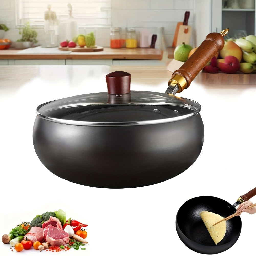 Wok Pan Carbon Steel Japanese Style Large Belly Uncoated Traditional Stir Fry Pan with Heat Resistant Handle Compatible with Gas Induction and All Stovetops for Stir Fry Soup Stew Camping Cooking