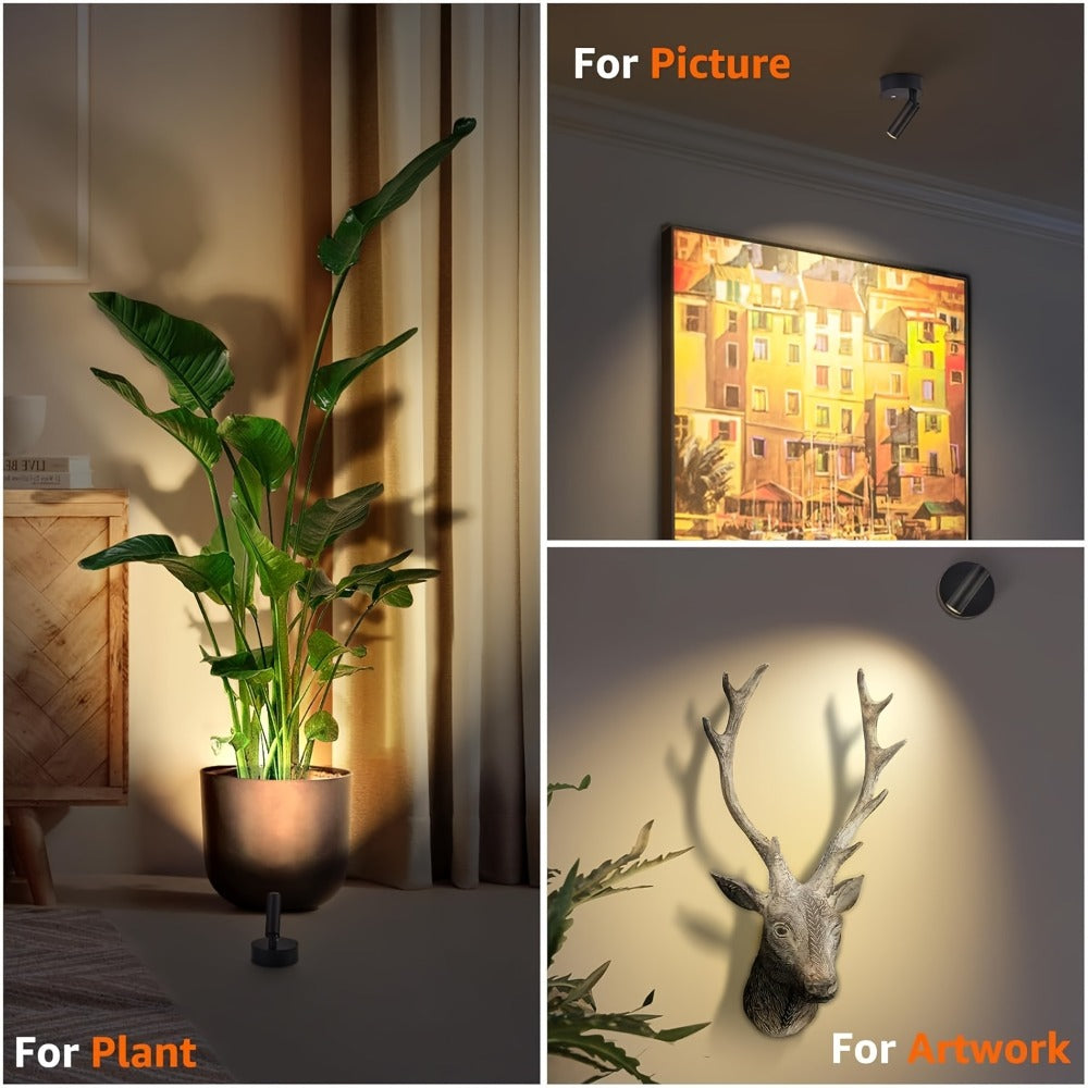 Rechargeable Indoor Spotlight LED ¨C 3-Color Dimmable with Remote & Timer, 350¡ã Adjustable, 2500mAh Battery, Magnetic Base Wall Accent Light for Pictures, Plants & Artwork (White / Black, 1 or 2 Pack)