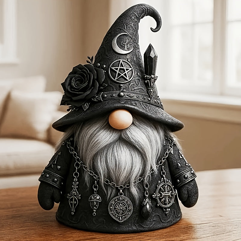 Resin Figurine Gothic Elf Dwarf Statue ¨C Vintage Fantasy Desktop Ornament with Crescent Pentagram Black Rose Gray Beard ¨C Mysterious Collectible Sculpture for Home Office Shelf Decor Gift