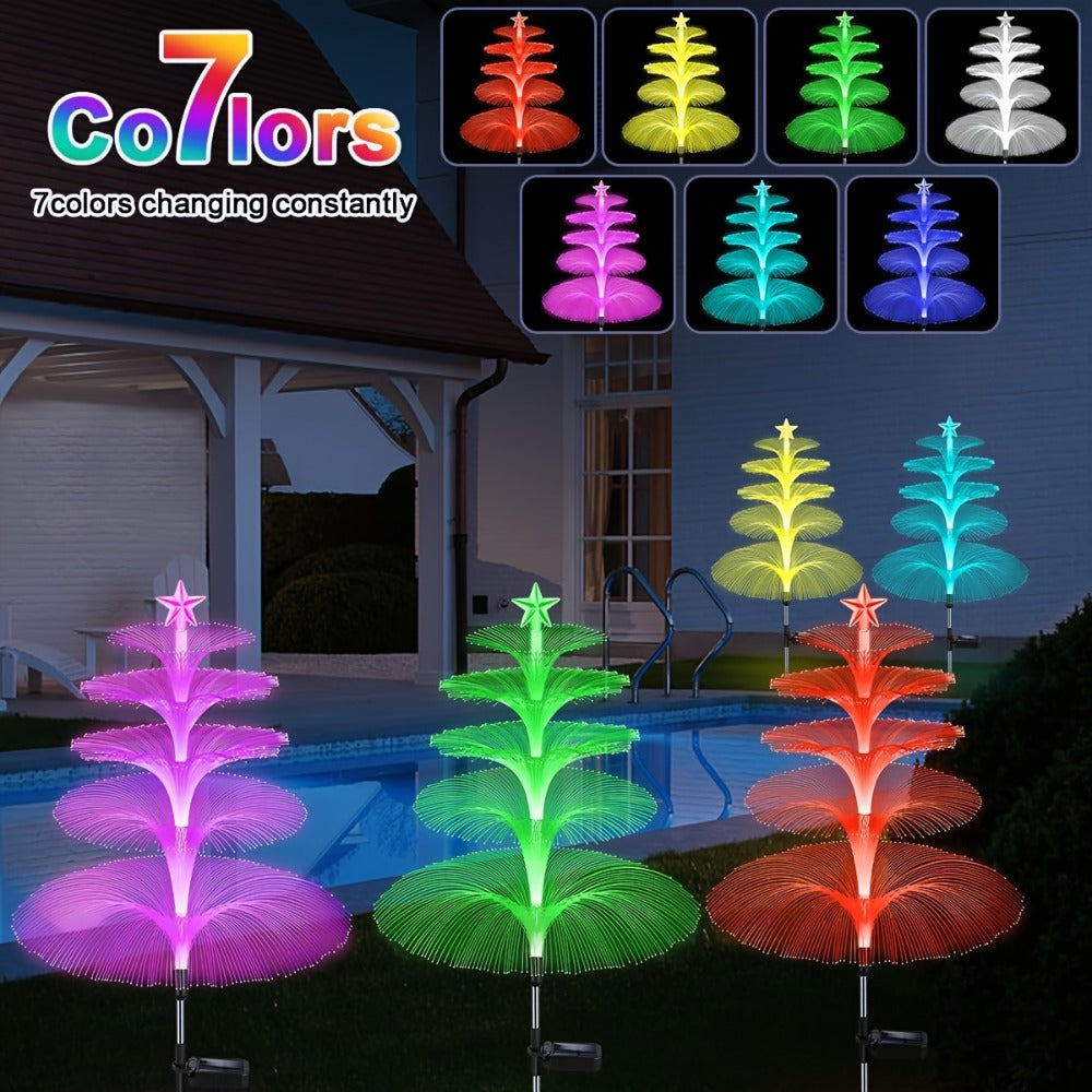 Solar Christmas Tree Lights Fiber Optic Star, 7-Color LED IP65 Waterproof Garden Stake Lights ¡ª 2 or 5 Layer Star for Lawn, Pathway, Patio & Holiday Decor | 2, 4 or 6 Pack