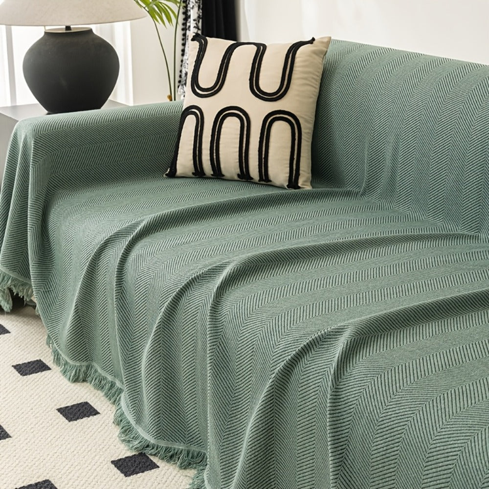Herringbone Sofa Throw Cover with Tassels Jacquard Woven Solid Color Washable Polyester Sofa Blanket Slipcover for 3 4 Seater Couch Living Room - Grey Coffee Green Blue