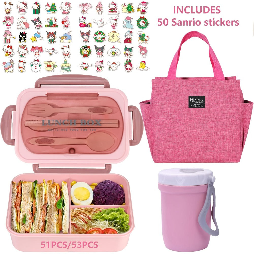 Sanrio Lunch Box Set 53pcs Bento Box with Thermal Bag Breakfast Cup Portable Sealed Compartment Microwave Dishwasher Safe for Work Picnic School