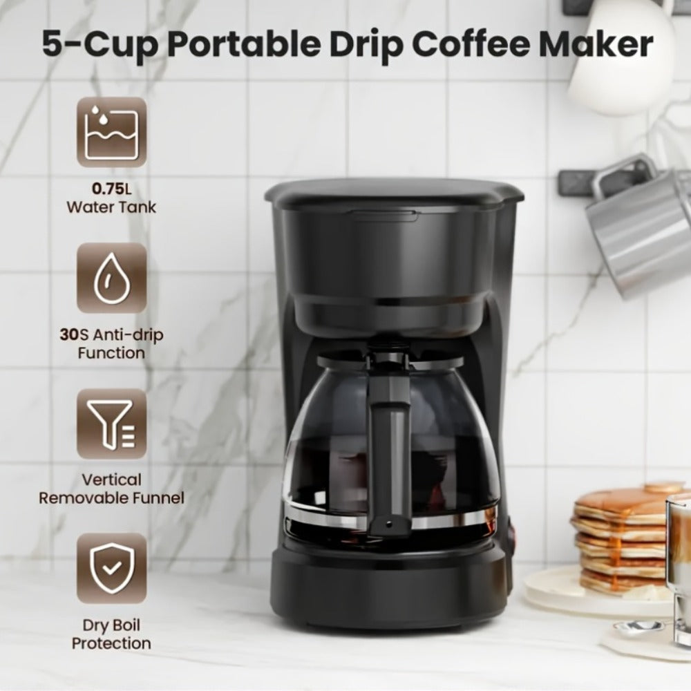 Drip Coffee Maker 5 Cup with Cup Warmer Reusable Filter Fast Heating Auto Shut-Off Compact Coffee Machine for Home Office Coffee Bar