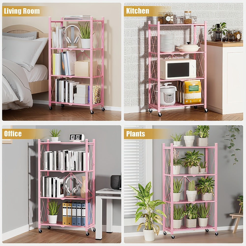 Foldable Storage Rack with Lockable Wheels 3 4 5 Tier Carbon Steel No Assembly Space Saving Floor Standing Shelf for Bedroom Balcony Garden