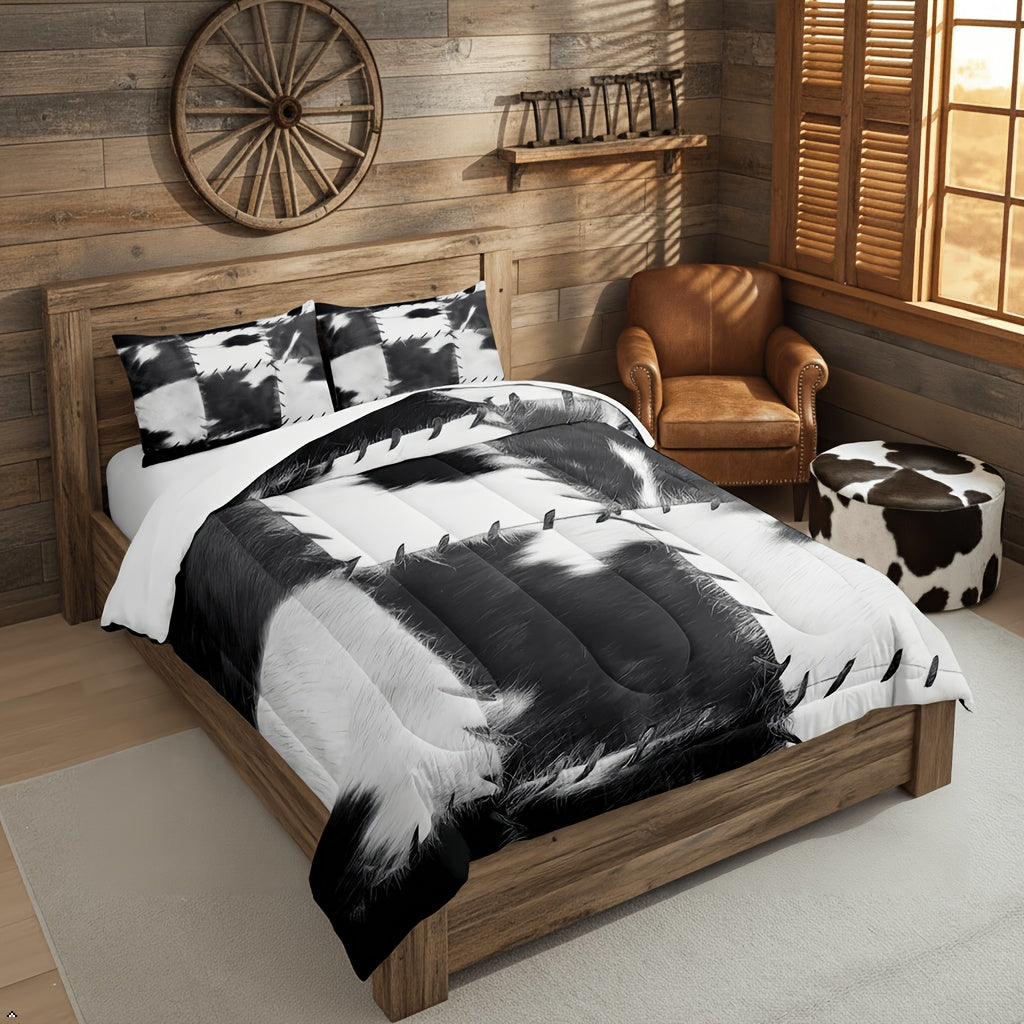 Cowhide Print Comforter Set 2/3pcs, Farmhouse Western Faux Animal Fur Bedding, Patchwork Cow Skin Quilt Set for All Beds, Soft Cozy Grey White