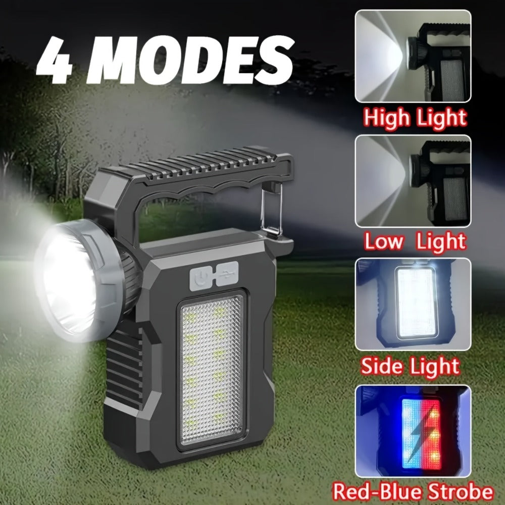 LED Searchlight Spotlight Solar & USB Rechargeable | High-Power Handheld Flashlight with Side Light Locking Clip 4 Modes | Camping Fishing Work Outdoor Emergency Gift