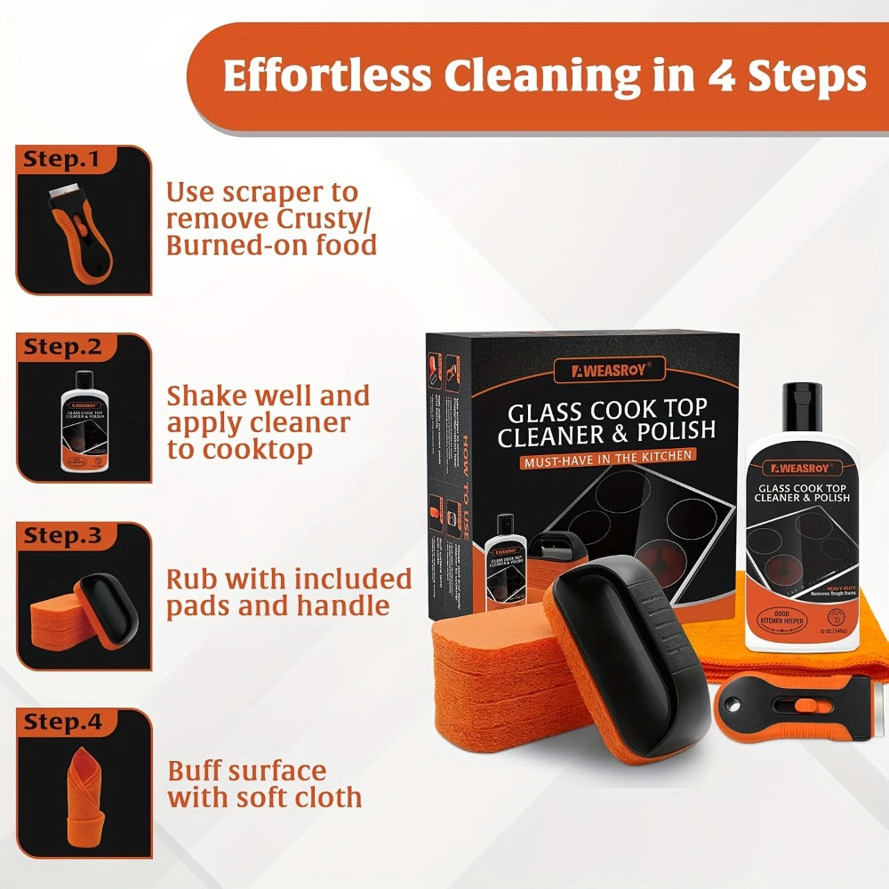 Glass Stove Top Cleaner Kit 12oz Non-Abrasive No Scratch Cooktop Cleaner and Polish Removes Tough Grease Stains 9-Piece Set with Scrubbing Pad Handle Scraper and Cloth for Smooth Cooktop Range