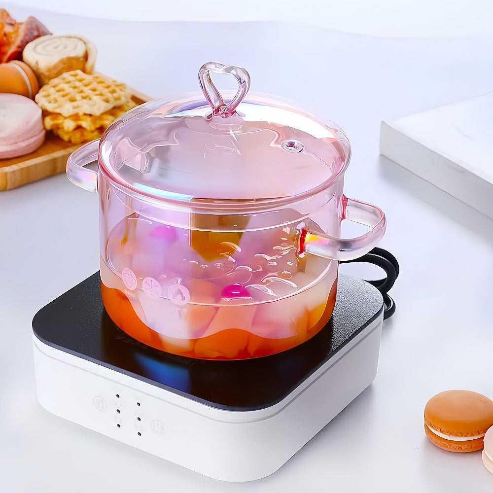Pink Glass Cooking Pot with Heart-Shaped Lid 1500ml - Multifunctional Boiling Stewing Pot for Pasta Soup Congee Noodles Compatible with Electric Ceramic Stove (Pink)