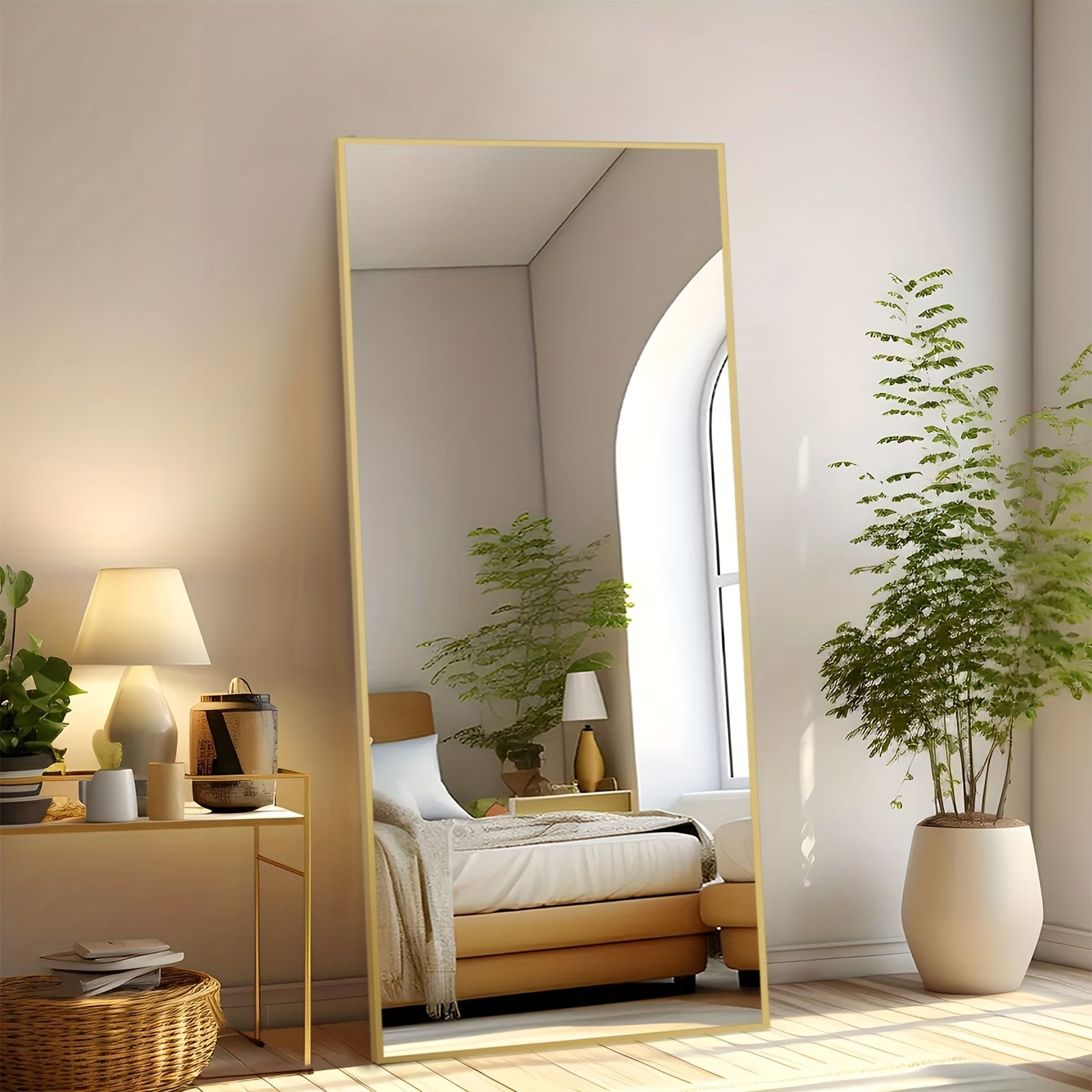 Full Length Mirror Floor Standing, Arched & Rect Body Mirror with Stand, Hanging or Leaning Wall Mirror, Aluminum Alloy Thin Frame for Bedroom Hotel Bathroom