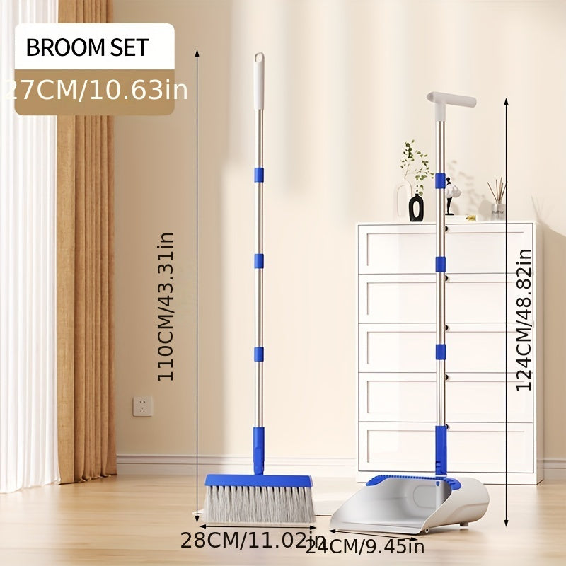 Folding Broom and Dustpan Set 50 Inch Extended Handle - Dense Elastic Bristles Wide Deep Dustpan for Dust Hair Debris, Foldable Broom for Home Kitchen Bathroom Bedroom Living Room, Blue White Black Orange Khaki