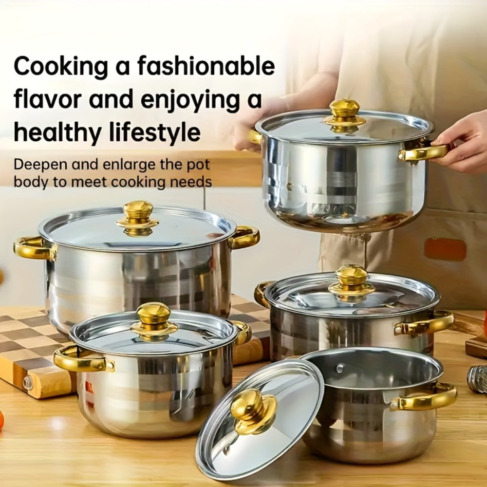 Stainless Steel Cookware Set 10 12 15 Piece Pots with Lids Double Handles Cooking Pot Set for Soup Hot Pot Noodles Pasta Home and Restaurant Kitchen Multiple Colors and Sizes Available