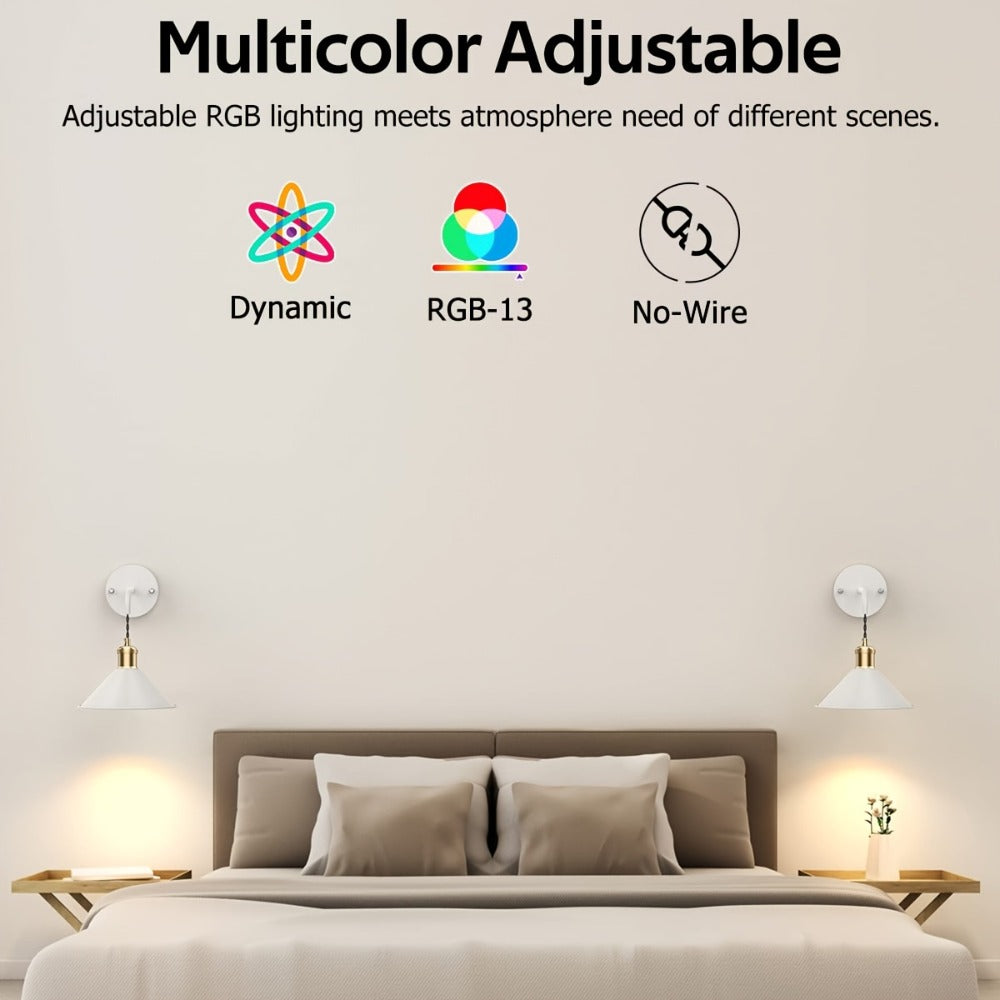 Battery Operated Wall Sconce Set of 2 ¨C RGB Wireless Wall Light, Dimmable with Remote Control, 13 Scene Modes, Timer & Memory Function, No Wiring for Bedroom Living Room Hallway (Black / White)