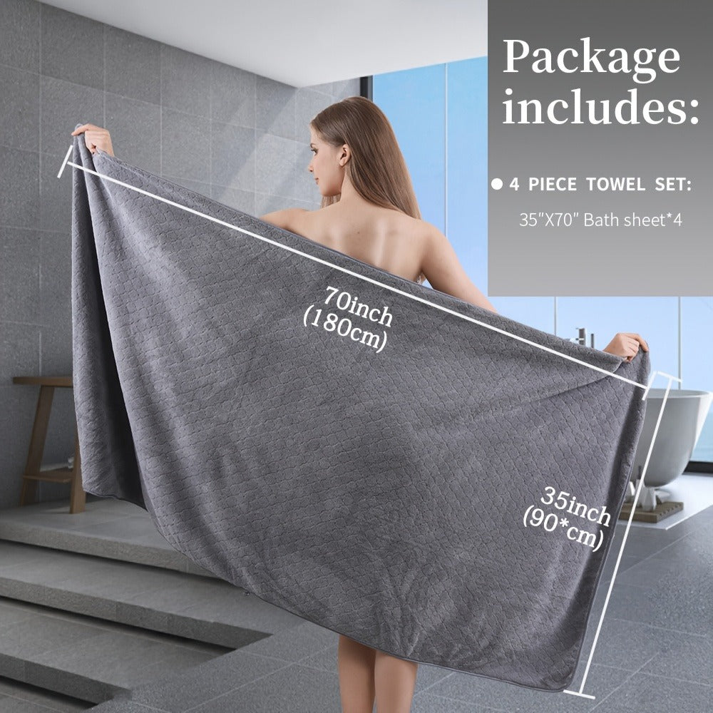 Oversized Bath Towel Set 4 Piece Diamond Pattern Microfiber - Ultra Soft Highly Absorbent Quick Dry | 10 Colors | Blue Green Black Gray Navy Orchid Brown Purple White Turquoise | Bathroom Hotel Gym Gift