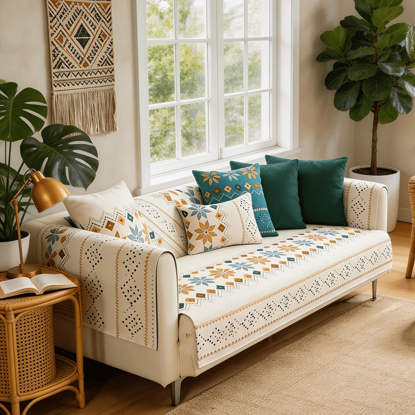 Chenille Sofa Cover Bohemian Style 1pc - Ethnic Pattern Anti-Slip Cat Scratch Resistant Skin-Friendly Couch Slipcover | 2 3 4 Seat Sizes White Green | Living Room Bedroom Office Sofa Cushion Cover Home Decor