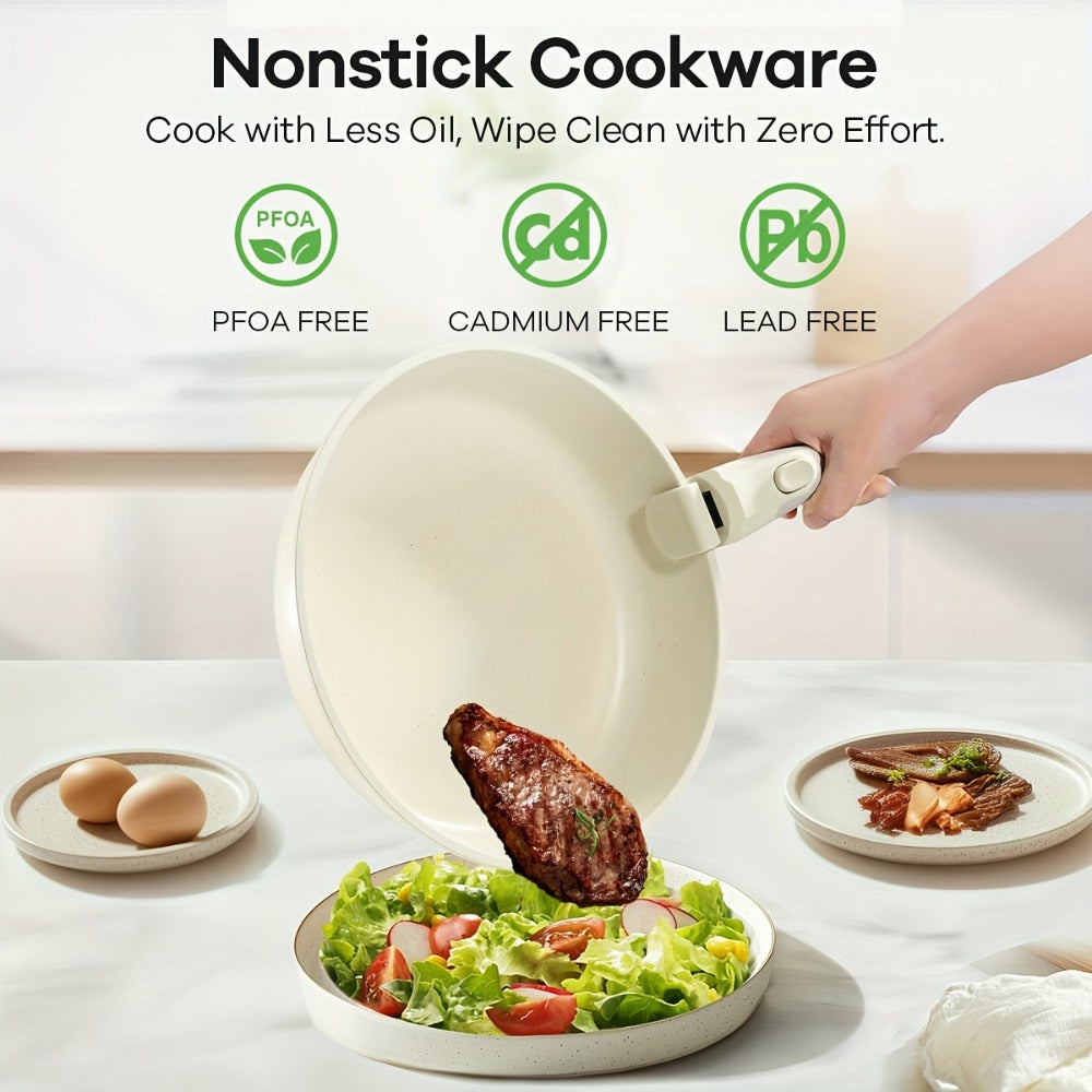 Nonstick Cookware Set 23 & 27 Piece with Removable Handles ¨C Induction Oven Dishwasher Safe Pots and Pans | Non-Toxic Frying Pans Saucepans Space-Saving Kitchen Cooking Set in Beige & Pink