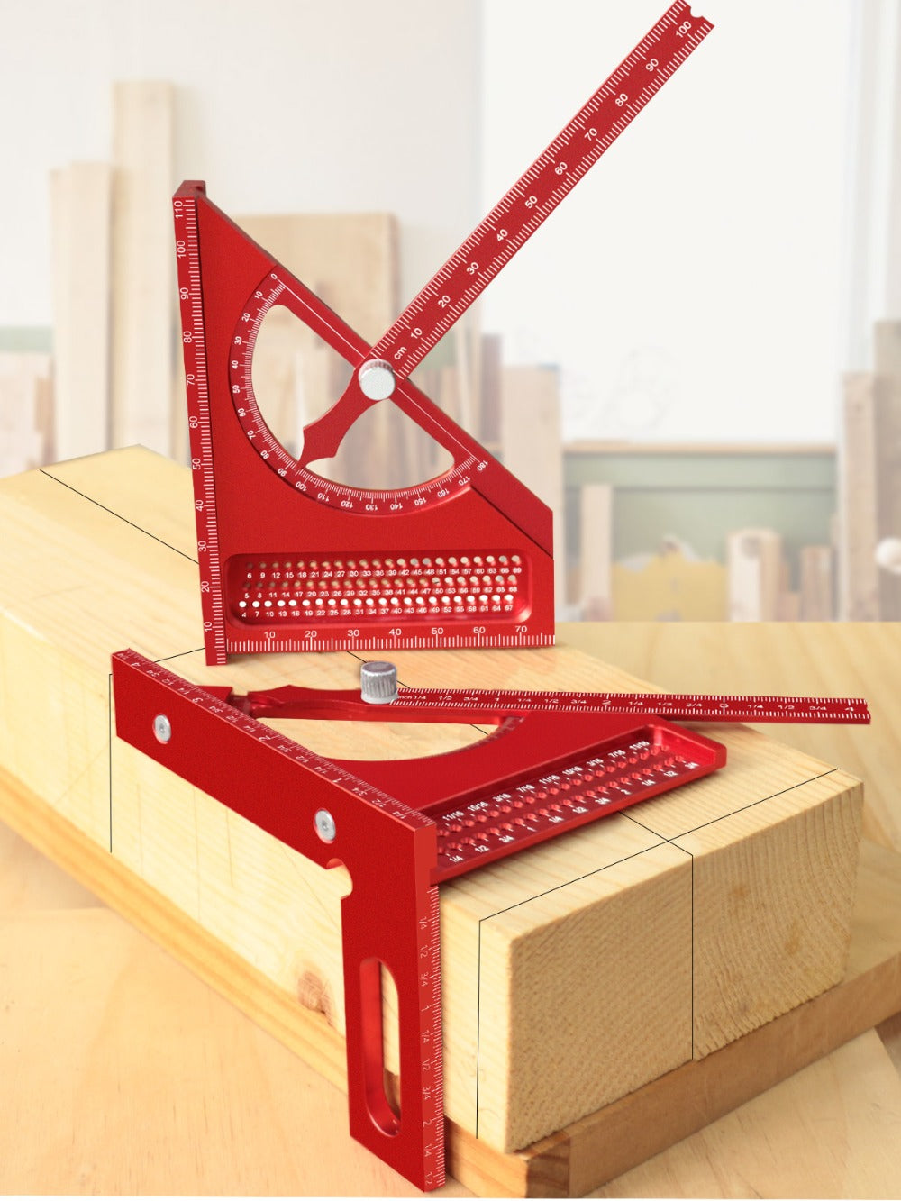 Adjustable 3D Carpentry Square Set 180¡ã Rotating Aluminum Alloy Triangle Ruler T-Square with Scribing Holes Red Black Markings Woodworking Measurement Tool