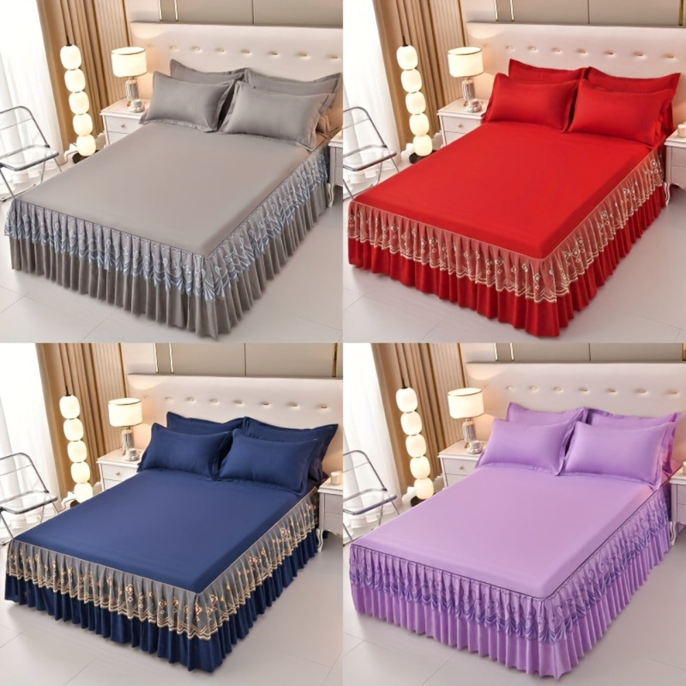 Macrame Lace Bed Skirt Set 3pcs ¨C Double Layer Non-Slip Bed Skirt with 2 Pillowcases All Seasons Twin Full Queen King