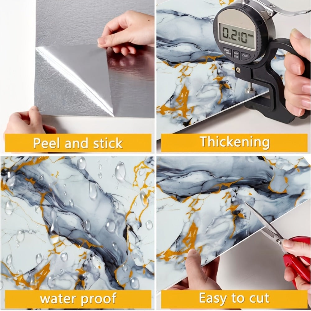 Peel and Stick Wall Tiles 50/100pcs - Waterproof PVC Marble Self-Adhesive Vinyl Panels for Bathroom Shower Kitchen Living Room TV Backdrop, Modern Wall Decor Easy Installation No Grout Required