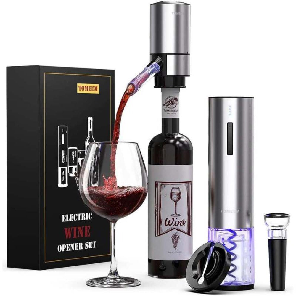 Electric Wine Opener Gift Set Rechargeable, 5-Piece Wine Accessory Kit with Aerator, Vacuum Stoppers, Foil Cutter & Bottle Opener, Stainless Steel, Perfect for Home Bar, Dinner Parties & Gifting